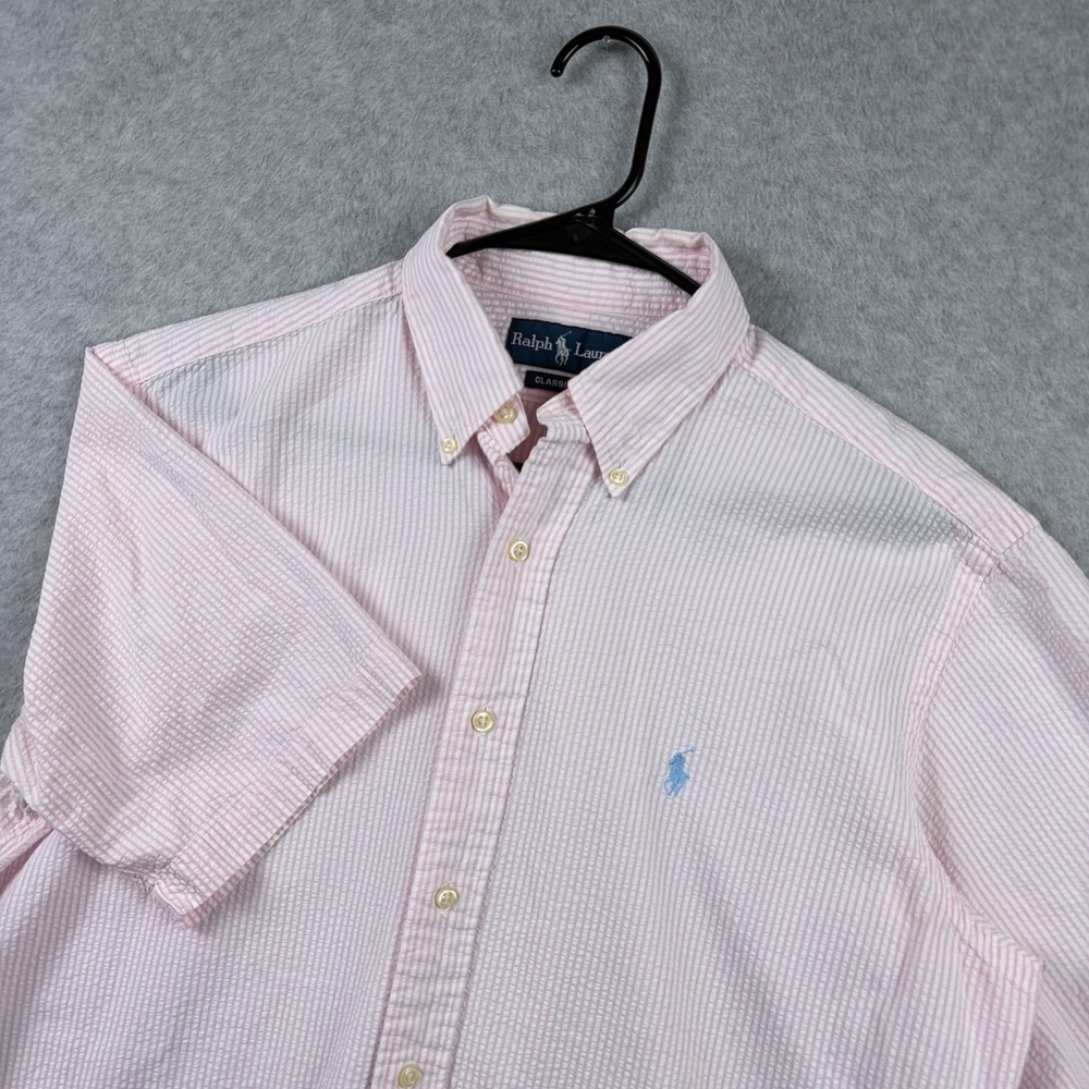 Ralph Lauren Shirt Mens Medium Pink Strike Seersucker Classic Button Down Preppy
